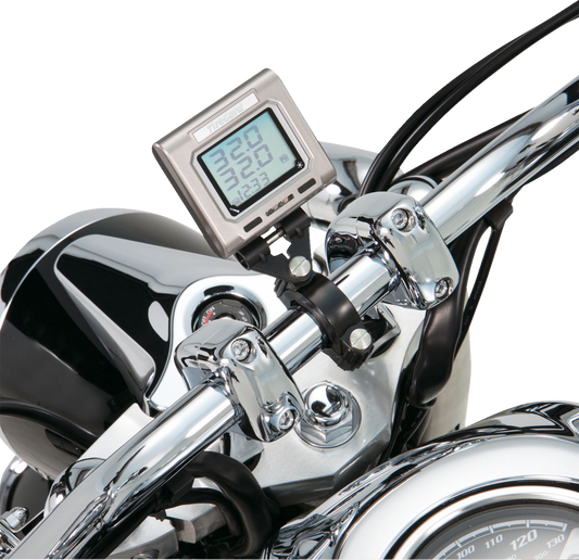 Bill's Exhausts SHOW CHROME handlebar tire pressure monitor system for motorcycles, mounted on the engine area.
