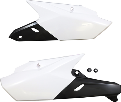 A set of ACERBIS white and black motorcycle side panels with body design, featuring the Bill's Exhausts branding.