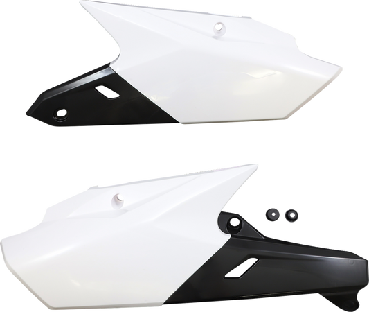 A set of ACERBIS white and black motorcycle side panels with body design, featuring the Bill's Exhausts branding.