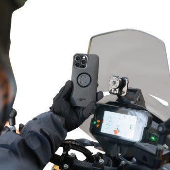 Bill's Exhausts SP CONNECT phone mount with GPS cradle, secure holder for smartphones, suitable for motorcycle or bike navigation.