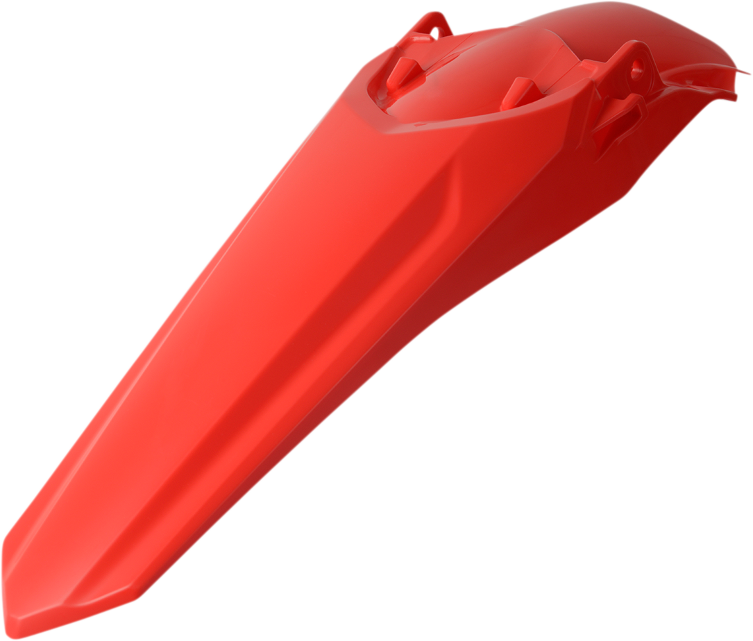 Red ACERBIS rear fender for motorcycle, mounted on the bike, showcasing its sleek body design and vibrant color.