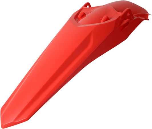 Red ACERBIS rear fender for motorcycle, mounted on the bike, showcasing its sleek body design and vibrant color.