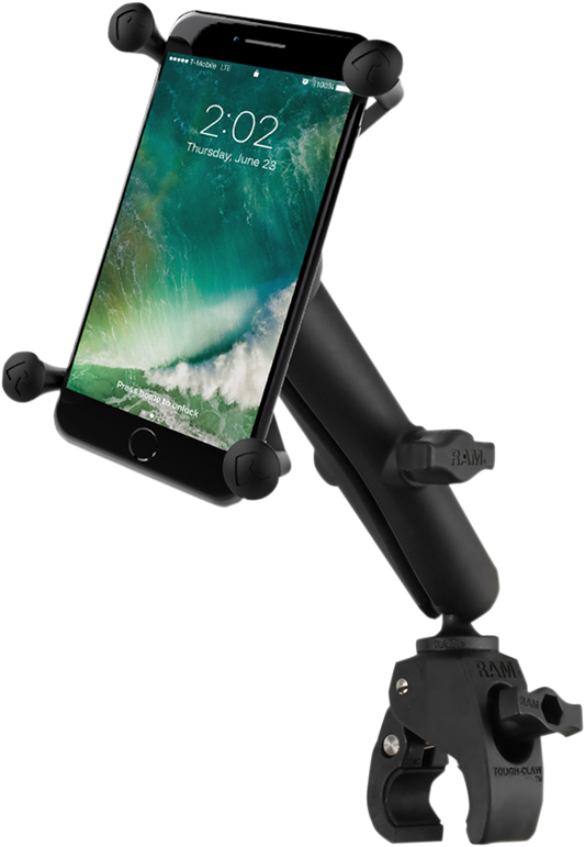 Small RAM B400CUN10U X-Grip device mount with Tough-Claw clamp for engine installation, compatible with RAM Mounts brand.