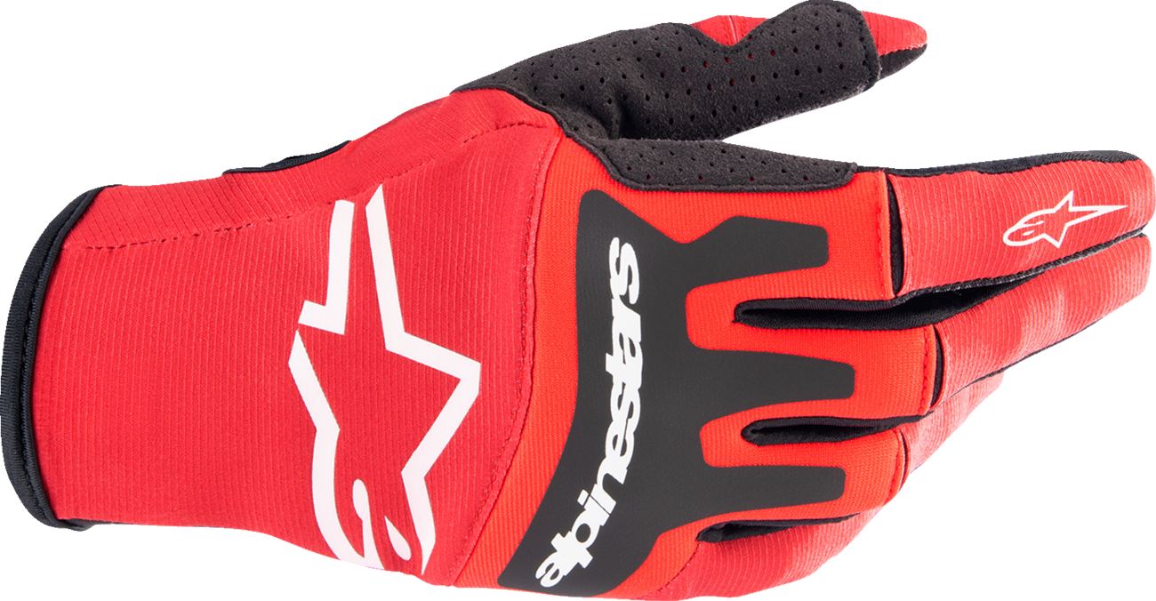 Alpinestars Techstar gloves in warm red and black, small size, featuring durable motorcycle glove design with protective padding.