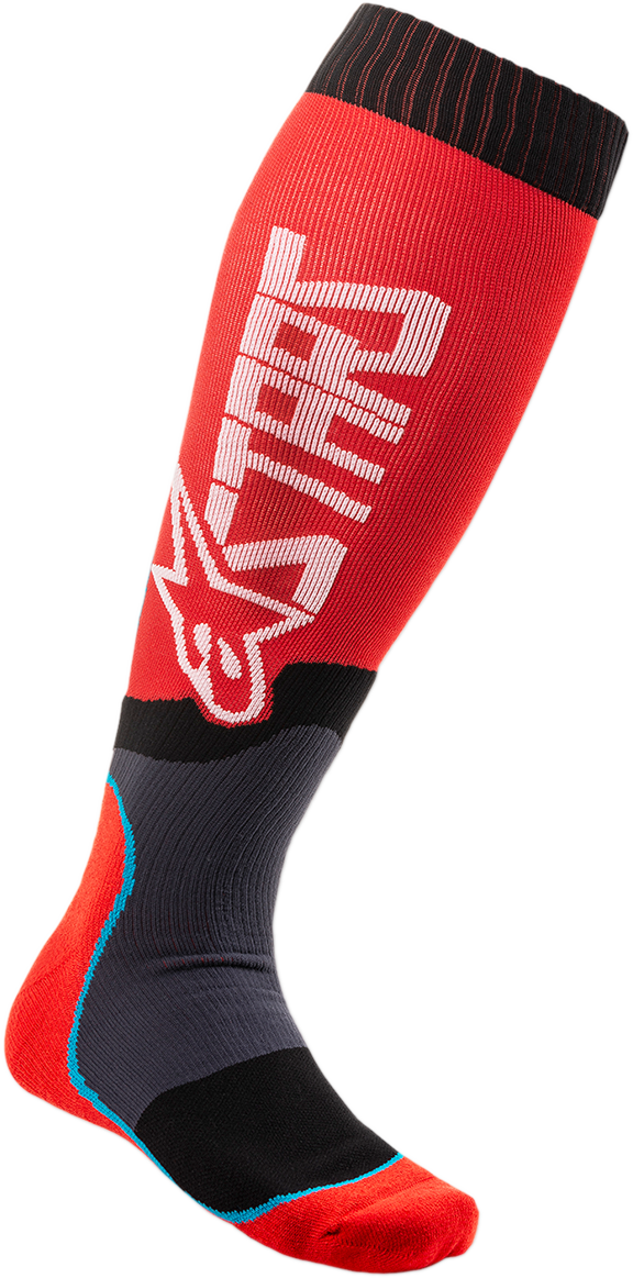 Alpinestars MX Plus 2 motorcycle socks in red and white, size large/2XL, featuring reinforced heel and toe for durability.