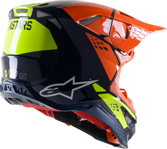 Alpinestars Supertech M8 helmet in blue, orange, and yellow, large size, with aerodynamic design and racing visor.
