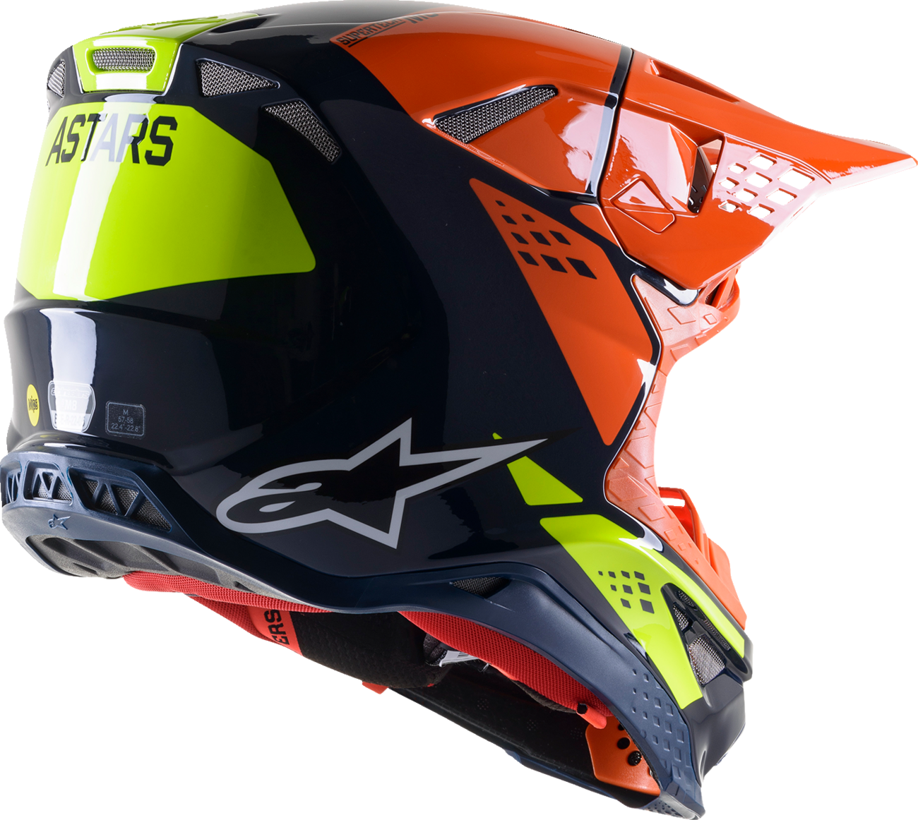 Alpinestars Supertech M8 factory helmet in blue, orange, and yellow with XL size, featuring aerodynamic design and ventilation details.