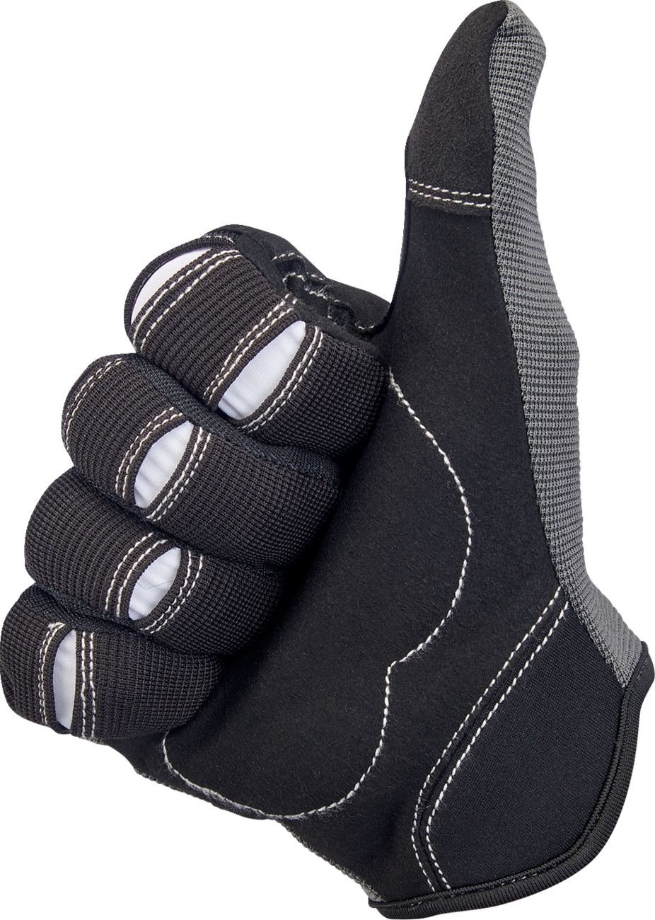 Gray and black BILTWELL Moto gloves in small size, made for motorcycle riding, with reinforced palms and adjustable wrist straps.