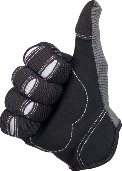Gray and black BILTWELL Moto gloves in small size, made for motorcycle riding, with reinforced palms and adjustable wrist straps.