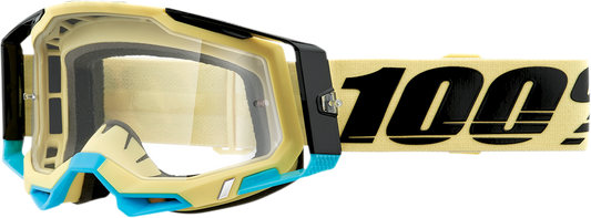 Clear 100% Racecraft 2 Airblast goggles by Bill's Exhausts, featuring a sleek design with adjustable strap and ventilation for racing.