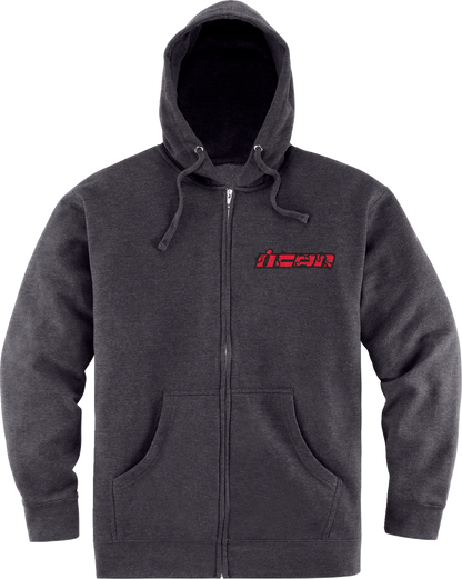 Black ICON Omnicrux Zip Fleece Hoodie by Bill's Exhausts, medium size, shown with front zipper and soft fleece fabric.