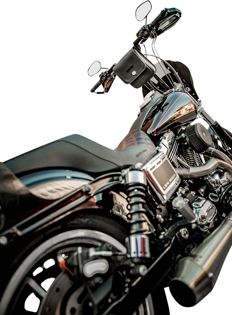 Bill's Exhausts SADDLEMEN handlebar bag for seats, mounted on a motorcycle, with black fabric and adjustable straps.