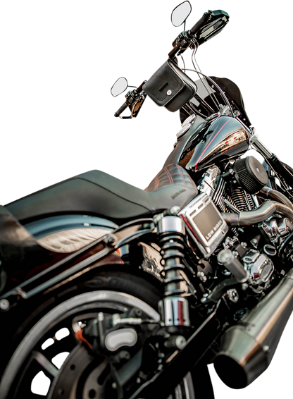 Bill's Exhausts SADDLEMEN handlebar bag for seats, mounted on a motorcycle, with black fabric and adjustable straps.