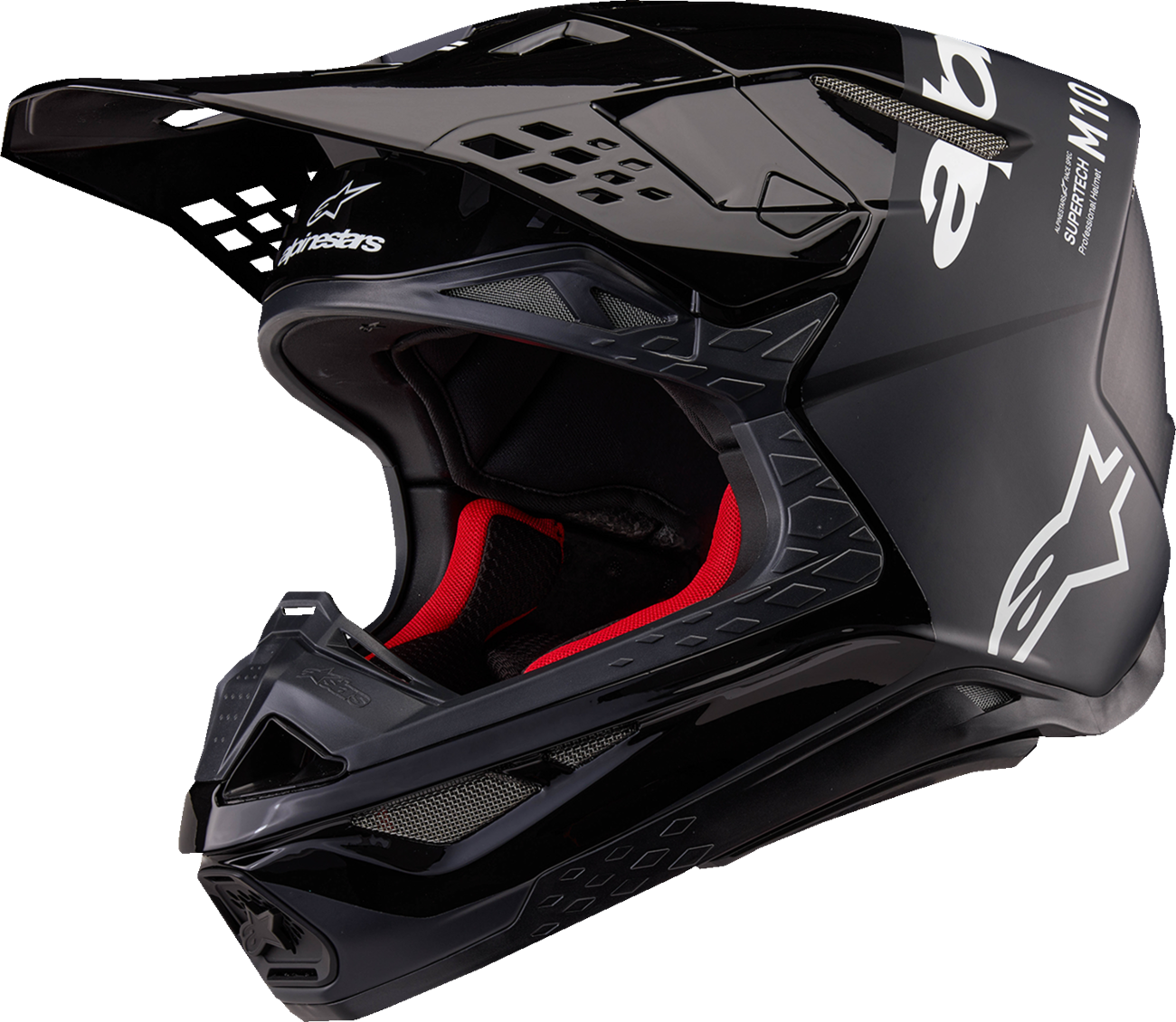 Alpinestars Supertech M10 motorcycle helmet in black and dark gray with MIPS® technology, medium size, front view.
