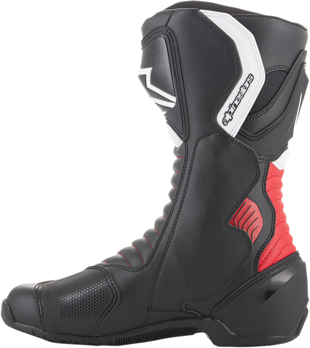 Alpinestars SMX-6 v2 motorcycle boots in black and red, US 9.5 / EU 44, showcasing rugged design and protective features.