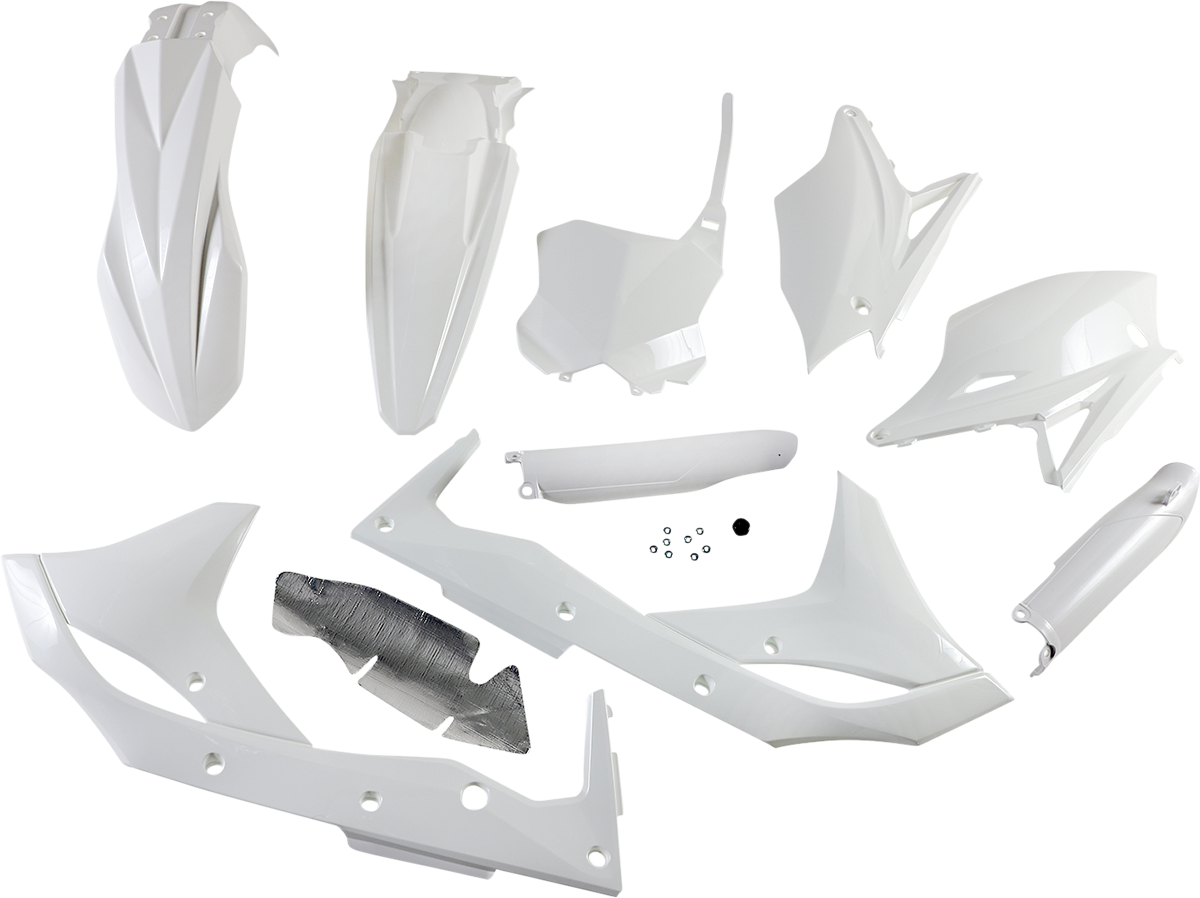 A white Acerbis full replacement body kit for motorcycles, showing the assembled body panels on a clean background.