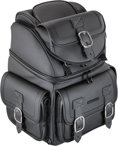 Black Saddlemens BR3400D Sissy Bar Bag attached to motorcycle seat, featuring durable straps and compact storage capacity.