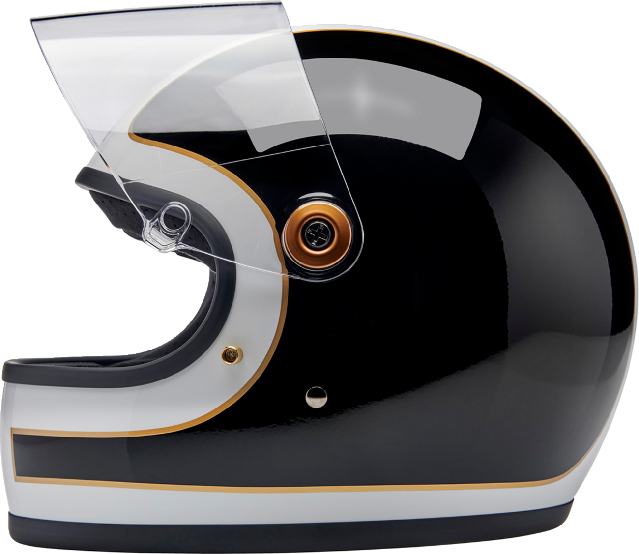 BILTWELL Gringo S helmet in glossy white and black tracker design, size XS, featuring a sleek motorcycle helmet with ventilation vents