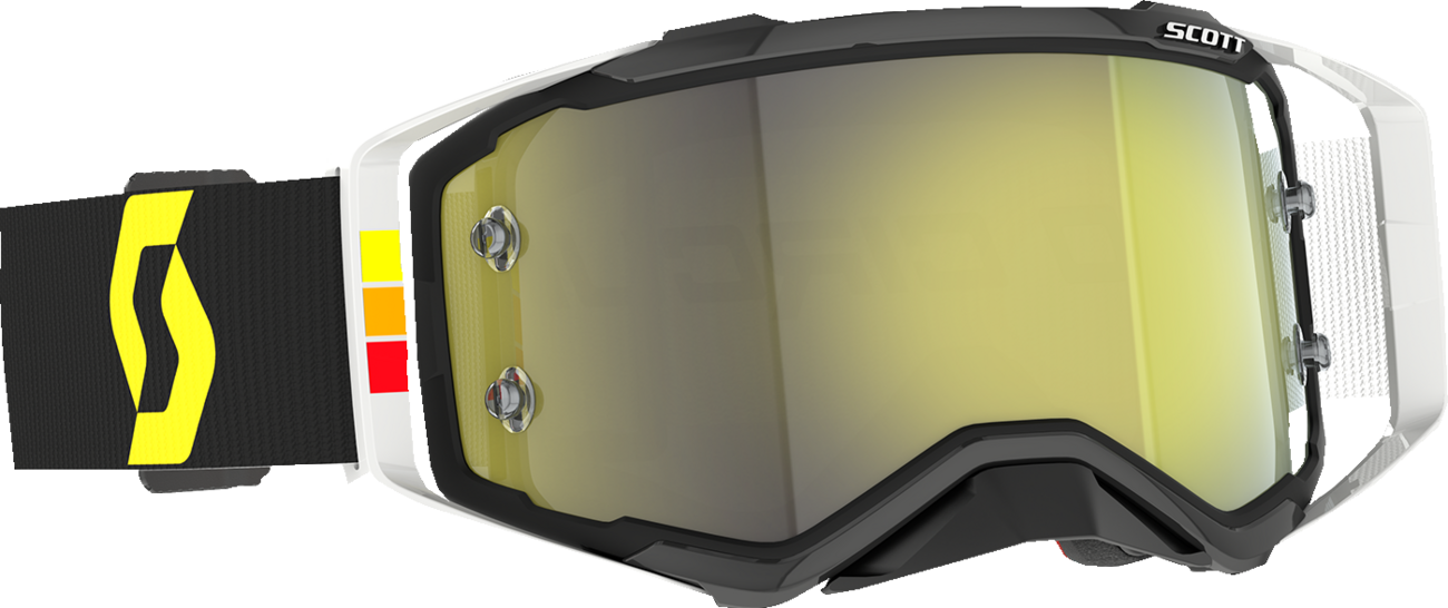 Scott Pro Circuit Prospect goggles in black and white with yellow lenses, featuring a sleek design for motocross riding.