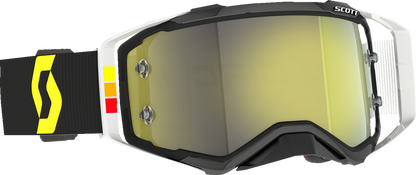 Scott Pro Circuit Prospect goggles in black and white with yellow lenses, featuring a sleek design for motocross riding.