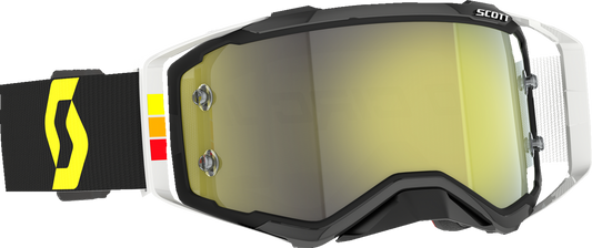 Scott Pro Circuit Prospect goggles in black and white with yellow lenses, featuring a sleek design for motocross riding.