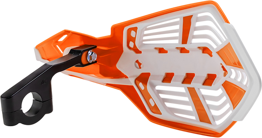 Acerbis X-Future orange and white motorcycle handguards on a bike, designed for protection and style.