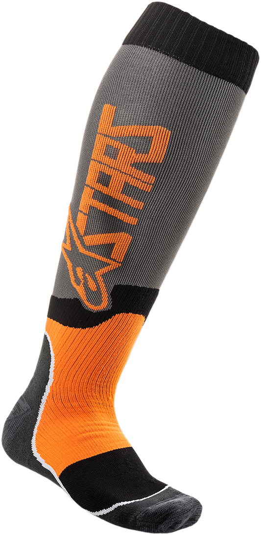 Alpinestars MX Plus 2 gray and orange motorcycle socks in large/2XL size, featuring cushioned design and brand logo.