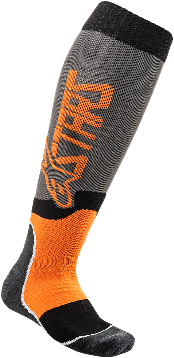 Alpinestars MX Plus 2 motorcycle socks in gray and orange, small/medium size, featuring breathable fabric and reinforced areas.