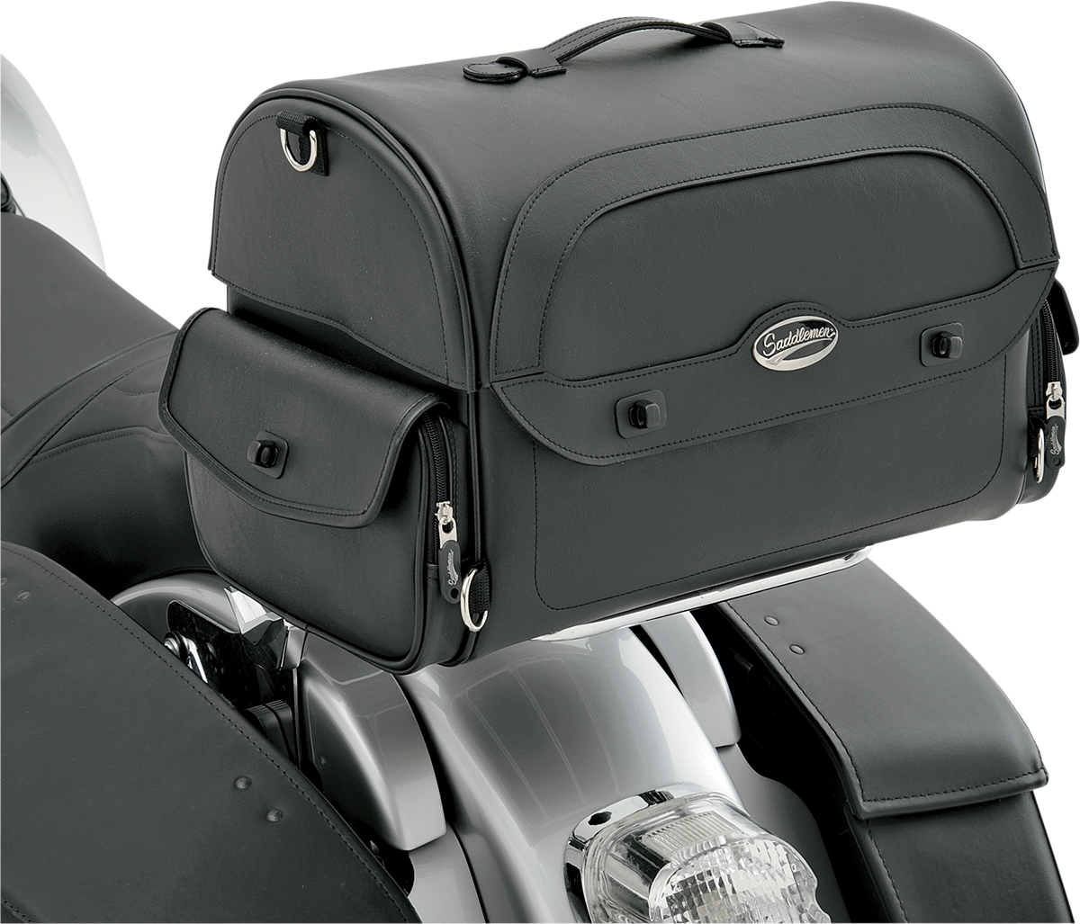 Saddlemen Cruis'n Express motorcycle tail bag on a seat, universal fit, black, with straps and storage compartments for motorcycle touring.