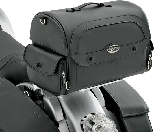 Saddlemen Cruis'n Express motorcycle tail bag on a seat, universal fit, black, with straps and storage compartments for motorcycle touring.