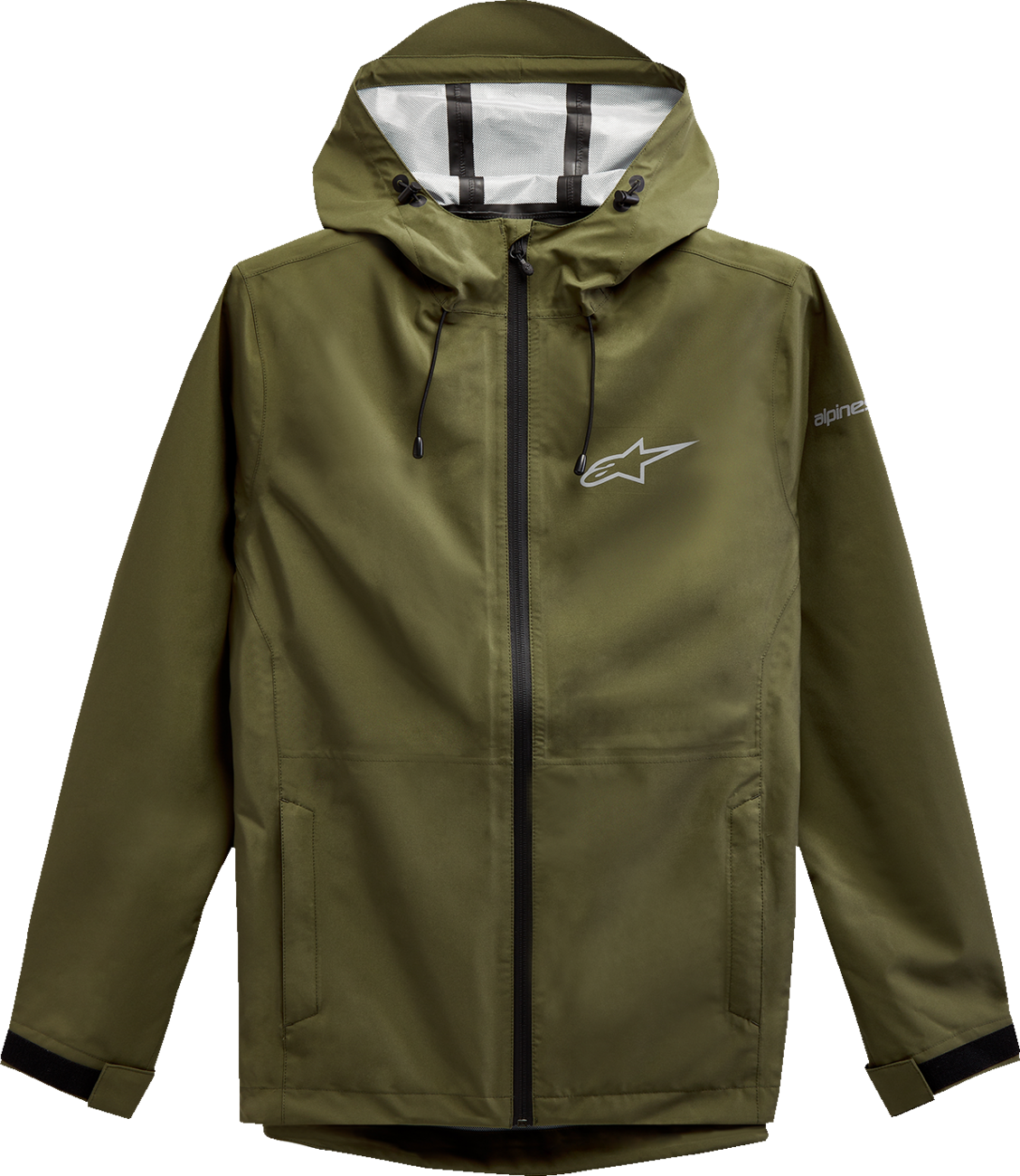 Alpinestars Omni Rain Jacket in military green, large size, waterproof jacket with hood and adjustable features for outdoor protection.