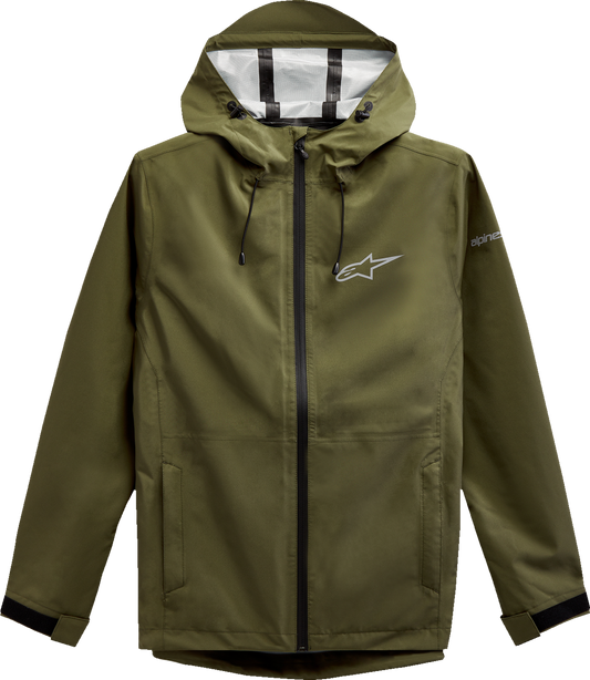Alpinestars Omni Rain Jacket in military green, large size, waterproof jacket with hood and adjustable features for outdoor protection.