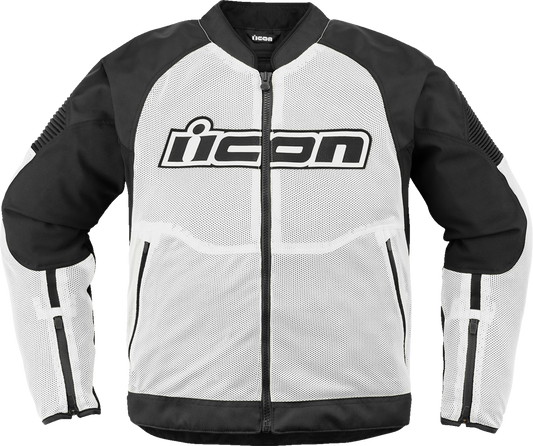 White ICON Overlord3 Mesh™ jacket by Bill's Exhausts, front view showcasing breathable mesh design and stylish fit.