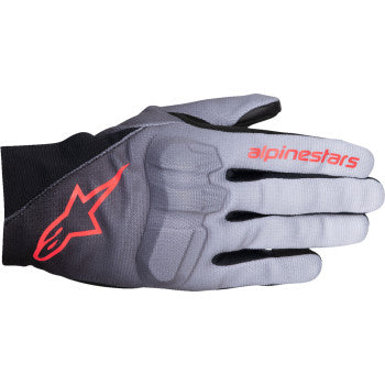 Alpinestars Stella Reef V2 motorcycle gloves in gray, black, and fluo pink with padding and adjustable wrist strap, small size.