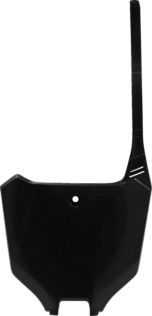 Black Acerbis front number plate mounted on a motorcycle body, designed for durability and a sleek appearance.