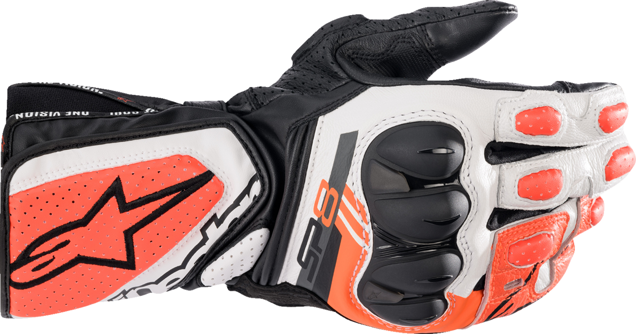 Alpinestars SP-8 V3 motorcycle gloves in black, white, and fluo red with protective knuckles and adjustable wrist strap.