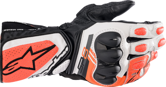 Alpinestars SP-8 V3 motorcycle gloves in black, white, and fluo red, size 3XL, with protective knuckles and textured palms.
