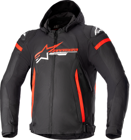 Alpinestars Zaca waterproof jacket in black, red, and white, size 4XL, shown with its sleek, durable design and color details.