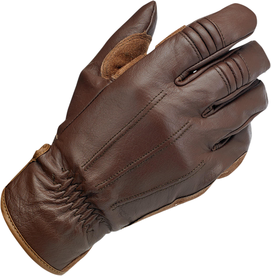 Bill's Exhausts Biltwell work gloves in chocolate suede, XS size, showing the textured suede material and glove design.