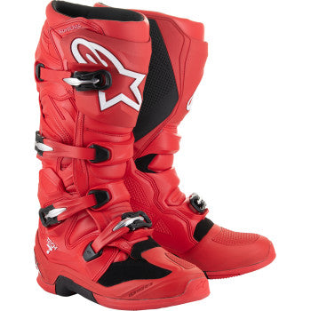 Alpinestars Tech 7 motocross boots in bright red, size US 7, featuring sturdy design and protective features.