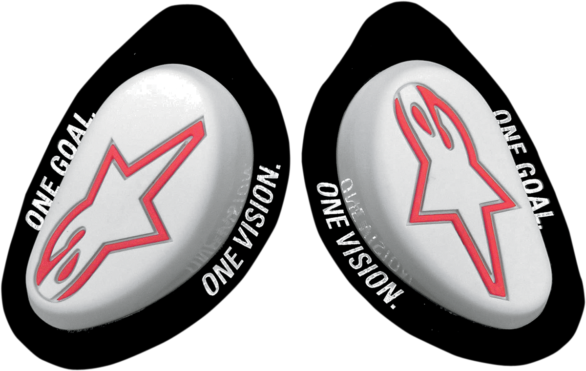 Alpinestars GP Knee Sliders in white, designed for motorcycle racing, with visible sliding surface and branding details.