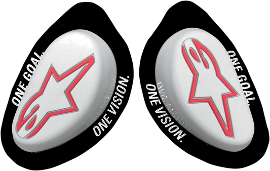 Alpinestars GP Knee Sliders in white, designed for motorcycle racing, with visible sliding surface and branding details.