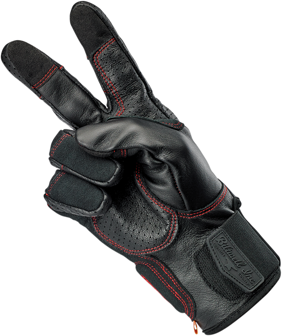 Red BILTWELL Borrego Gloves in XL size by Bill's Exhausts, showcasing durable motorcycle gloves with redline details.