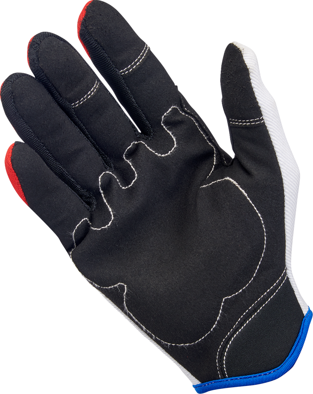 Bill's Exhausts BILTwell Moto Gloves in red, white, and blue, small size, showing durable leather construction and secure wrist closure.
