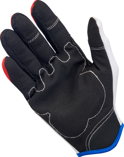 Bill's Exhausts BILTwell Moto Gloves in red, white, and blue, small size, showing durable leather construction and secure wrist closure.