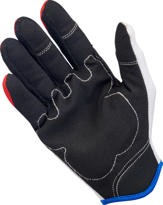 Red, white, and blue BILTwell Moto Gloves in XL size, featuring protective padding and breathable material for motorcycle riding.