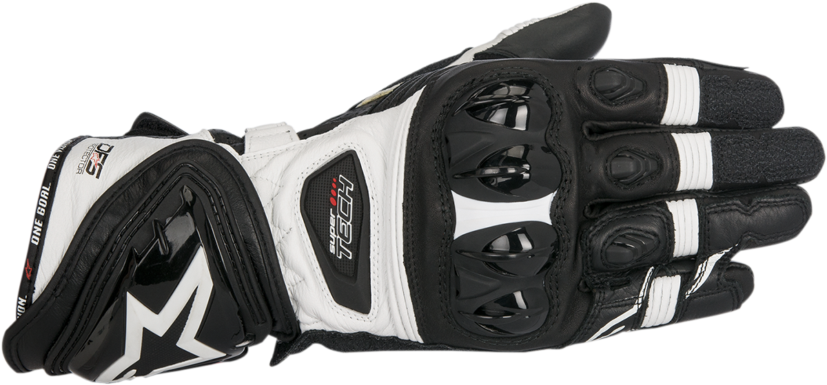 Alpinestars Supertech motorcycle gloves in black and white, size 3XL, showing reinforced knuckles and breathable material.