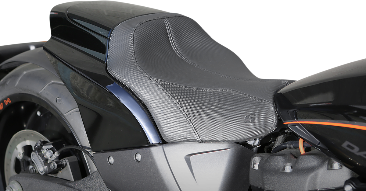 SADDLEMEN GP-V1 Solo Seat for FXDR motorcycle, black leather seat with sleek design, compatible with Harley Davidson FXDR models.