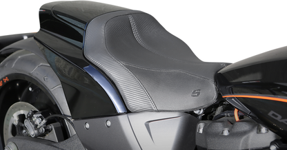 SADDLEMEN GP-V1 Solo Seat for FXDR motorcycle, black leather seat with sleek design, compatible with Harley Davidson FXDR models.