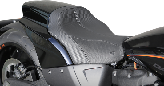 SADDLEMEN GP-V1 Solo Seat for FXDR motorcycle, black leather seat with sleek design, compatible with Harley Davidson FXDR models.
